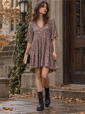 Lyn Burches Mauve Floral V-Neck Pintuck Babydoll Grunge Dress